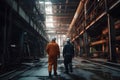 teamwork: group of industrial workers in a refinery - oil processing equipment and machinery. Neural network AI Royalty Free Stock Photo