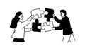 Teamwork hand-drawn concept illustration. Cartoon vector clip art of a man and woman put the puzzle together. Black and white Royalty Free Stock Photo