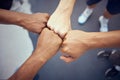 Teamwork, hands and collaboration with people standing in a circle or huddle in support, unity or solidarity. Team Royalty Free Stock Photo