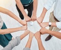 Teamwork, hands and collaboration with a team working together and standing in a huddle in the office. Solidarity, unity Royalty Free Stock Photo