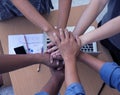 The teamwork hands ,cooperation concept,united hands together with spirit.collaborator and togetherness Royalty Free Stock Photo