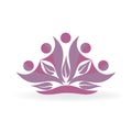 Logo happy teamwork purple leafs people around vector Royalty Free Stock Photo