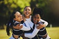 Teamwork, hug or portrait of cheerleader with people outdoor in training or sports event together. Celebrate, smile or Royalty Free Stock Photo