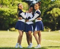 Teamwork, hug or portrait of cheerleader with women outdoor in training or sports event together. Diversity, smile or Royalty Free Stock Photo