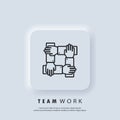 Teamwork icon. Community, business partnership logo. Gour hands holding together for wrist. Vector. Neumorphic UI UX white user Royalty Free Stock Photo