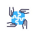 Teamwork icon with four hands assembling puzzle pieces into a complete puzzle. Vector illustration symbol for collaboration, unity