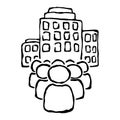 Teamwork. Icon large company business people. Group of people. People on the background of buildings. Vector illustration. Simple