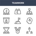 9 teamwork icons pack. trendy teamwork icons on white background. thin outline line icons such as teamwork, head, team . icon set Royalty Free Stock Photo