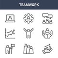 9 teamwork icons pack. trendy teamwork icons on white background. thin outline line icons such as stats, value, cogwheel .