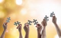 Teamwork idea brainstorming, team partnership connection for problem solving, finding solution in hope concept with puzzle pieces Royalty Free Stock Photo