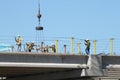 Teamwork: At Interstate 69 Construction Site, Laborers Work Together Royalty Free Stock Photo