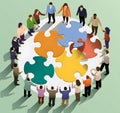 Teamwork isometric concept. Group of business people holding puzzle pieces. Royalty Free Stock Photo