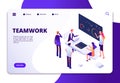 Teamwork isometric landing page. Cartoon business people working at office desk with computers. Business workspace