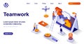 Teamwork isometric landing page. Colleagues cooperation at office isometry concept. Team communication, success work at project 3d Royalty Free Stock Photo