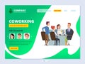 Teamwork landing. Coworking concept web page layout business workspace managers male and female office agency vector