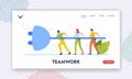 Teamwork Landing Page Template. Business Strategy and Connection Concept. Tiny Businessmen and Businesswoman Cooperation