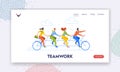Teamwork Landing Page Template. Business Team Riding Tandem Bicycle. Business Men and Women Characters on Bike