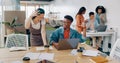 Teamwork, laptop and business people fist bump in office for success celebration. Training, coaching and Asian woman Royalty Free Stock Photo