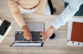 Teamwork, laptop or hands of business people pointing at screen in a digital agency working on a sales project