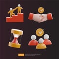 Teamwork Leader Help, handshake settlement or agreement, timer hourglass, Select right candidate. 3D icon render collection set