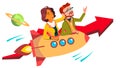 Teamwork And Leader Vector. Team Of Female And Male Businessmen Riding Rocket And Flying Up Together. Illustration