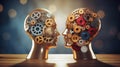 Teamwork and Leadership with education symbol represented by two human heads shaped with gears with red and gold brain idea made Royalty Free Stock Photo