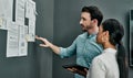 Teamwork leads to great success. two architects working with blueprints on a wall in an office. Royalty Free Stock Photo