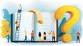Teamwork and Learning People Climb Ladder on Open Book, Question Mark Symbolizes Doubt Royalty Free Stock Photo