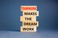 Teamwork makes the dream work symbol. Concept words Teamwork makes the dream work on wooden blocks on a beautiful grey table grey Royalty Free Stock Photo