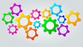 Teamwork or marketing mechanism concept. Abstract background with colorful gear icons for development, team work