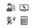 Teamwork, Monitor repair and Flight sale icons. Calculator sign. Vector