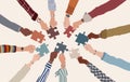 Group of multicultural business people with arms and hands in a circle holding a piece of jigsaw. Co-workers. Collaborate. Temwork Royalty Free Stock Photo