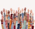 Group of many raised arms and hands of diverse multi-ethnic and multicultural people. Diversity people. Racial equality. Community