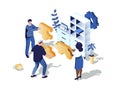 Teamwork in office concept 3d isometric web scene. People working together and collecting puzzle, doing job tasks, collaborate and