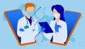 Teamwork online. Medical scientists, doctors in white coats are examining DNA helix. Laboratory scientist is conducting research