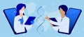 Teamwork online. Research Institute. Students, medical scientists in white coats are examining DNA helix. Laboratory scientist is