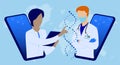 Teamwork online. Students, medical scientists in white coats are examining DNA helix. Laboratory scientist is conducting research