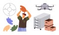 Teamwork, Organization, and Technology Depicted with Puzzle Pieces, quadcopter, and Storage Elements Royalty Free Stock Photo