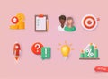 Teamwork partner icon set, person avatar, business management strategy, startup rocket. 3D Web Vector Illustrations