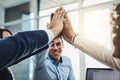 Teamwork, partnership and fun with a diverse group joining hands for a high five during team building. Colleagues Royalty Free Stock Photo