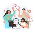 Teamwork people characters searching system error. 404 operation warning web page window concept. Vector flat graphic design carto