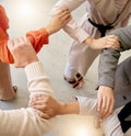 Teamwork, people or hands connected in meeting together planning business or group project for motivation. Top, support