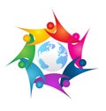 Teamwork people surrounding earth icon logo