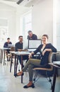 Teamwork, portrait and business woman in office workplace ready for targets or goals. Leadership, ceo and happy female Royalty Free Stock Photo