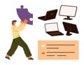 Man Holding Puzzle Piece Near Computers and Task Elements Problem Solving and Digital Workflow Royalty Free Stock Photo
