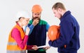 Teamwork problems concept. Builder and engineer thinking