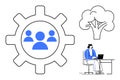 Teamwork and Productivity Concept with Gear Icon, Team Symbol, and Remote Work Setup Royalty Free Stock Photo