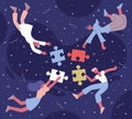 Teamwork puzzle collecting. Coworking team with abstract puzzle elements vector background illustration. Business