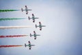 Teamwork on the sky. Frecce Tricolori in action. Royalty Free Stock Photo