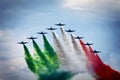 Teamwork on the sky. Frecce Tricolori in action. Royalty Free Stock Photo